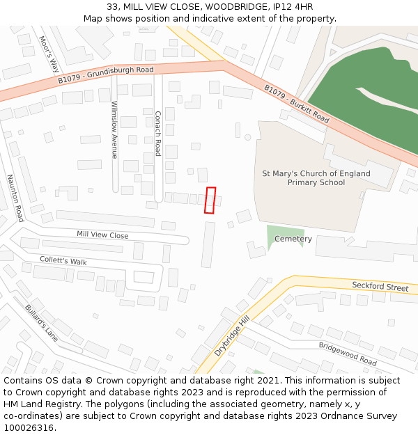 33, MILL VIEW CLOSE, WOODBRIDGE, IP12 4HR: Location map and indicative extent of plot