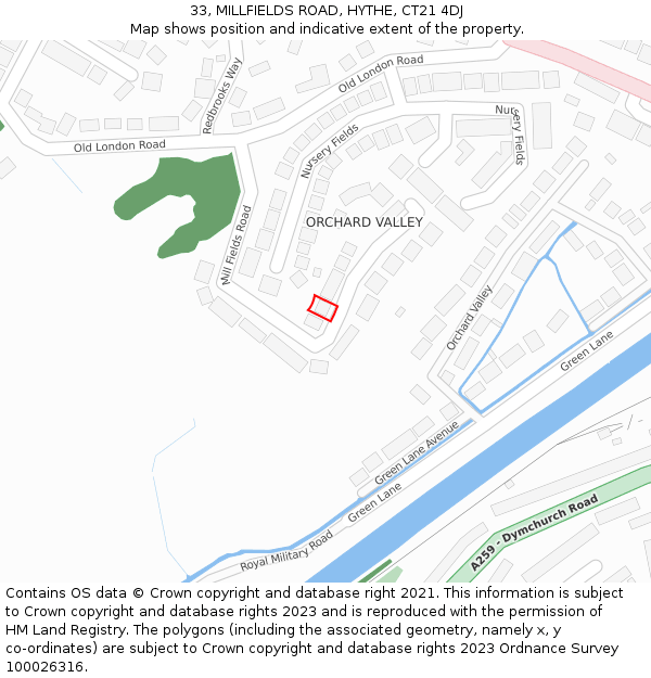 33, MILLFIELDS ROAD, HYTHE, CT21 4DJ: Location map and indicative extent of plot