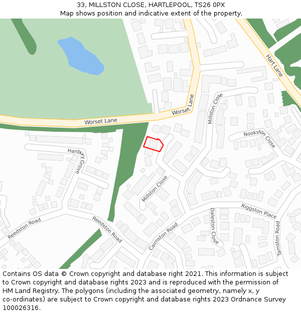 33, MILLSTON CLOSE, HARTLEPOOL, TS26 0PX: Location map and indicative extent of plot