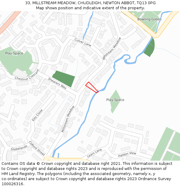 33, MILLSTREAM MEADOW, CHUDLEIGH, NEWTON ABBOT, TQ13 0PG: Location map and indicative extent of plot