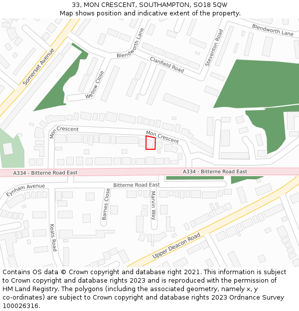 33, MON CRESCENT, SOUTHAMPTON, SO18 5QW: Location map and indicative extent of plot
