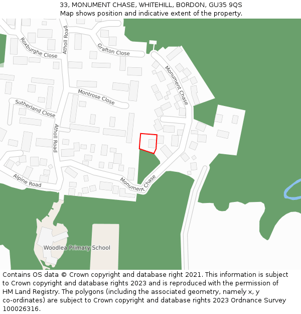 33, MONUMENT CHASE, WHITEHILL, BORDON, GU35 9QS: Location map and indicative extent of plot
