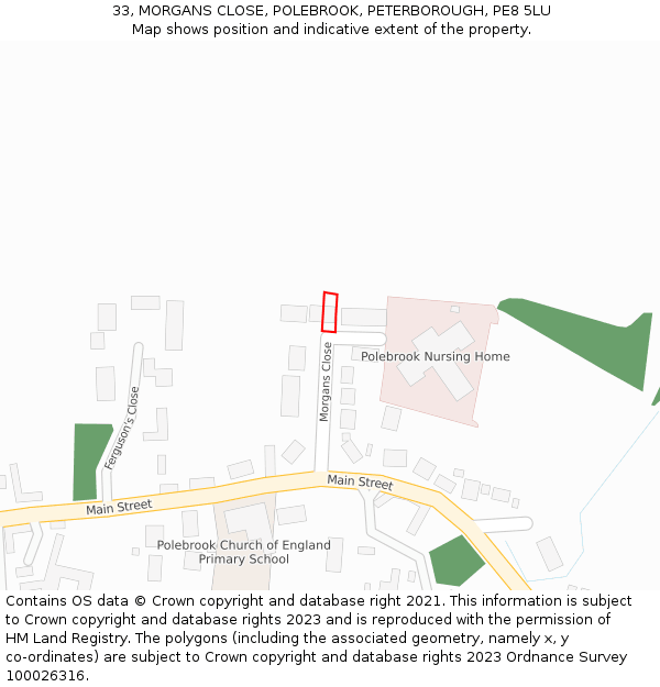 33, MORGANS CLOSE, POLEBROOK, PETERBOROUGH, PE8 5LU: Location map and indicative extent of plot