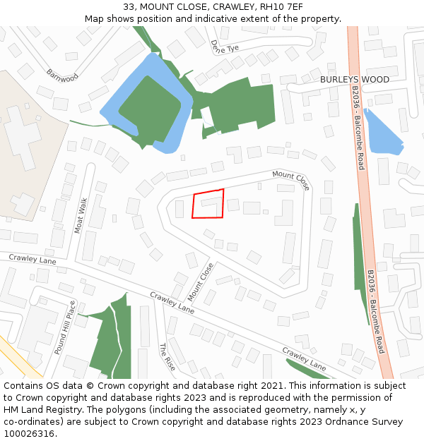 33, MOUNT CLOSE, CRAWLEY, RH10 7EF: Location map and indicative extent of plot