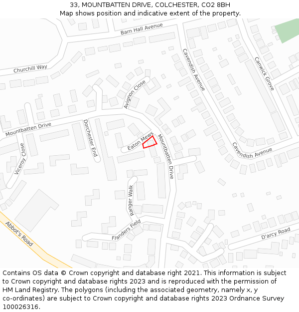 33, MOUNTBATTEN DRIVE, COLCHESTER, CO2 8BH: Location map and indicative extent of plot