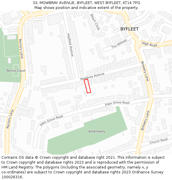 33, MOWBRAY AVENUE, BYFLEET, WEST BYFLEET, KT14 7PG: Location map and indicative extent of plot