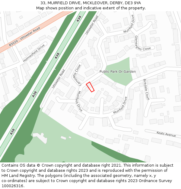 33, MUIRFIELD DRIVE, MICKLEOVER, DERBY, DE3 9YA: Location map and indicative extent of plot