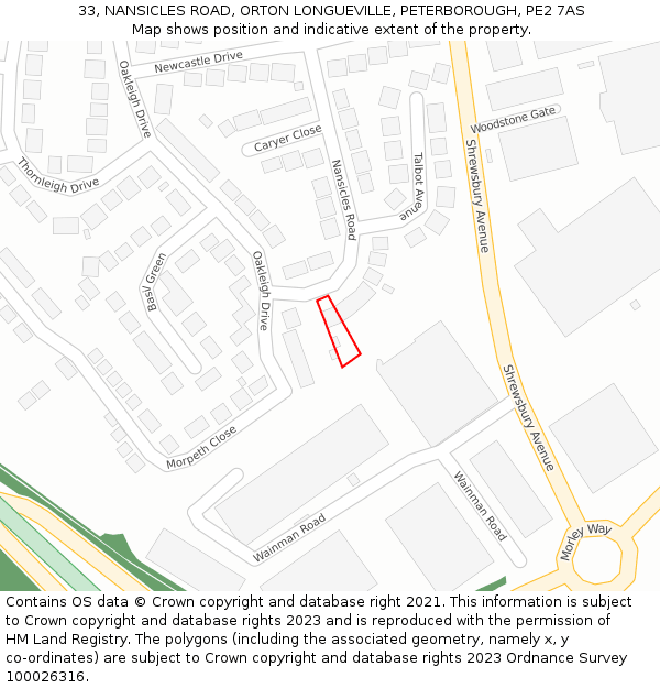 33, NANSICLES ROAD, ORTON LONGUEVILLE, PETERBOROUGH, PE2 7AS: Location map and indicative extent of plot