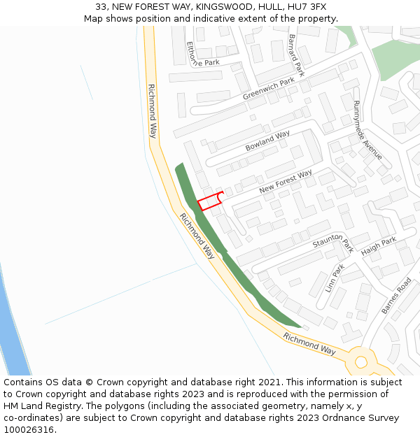 33, NEW FOREST WAY, KINGSWOOD, HULL, HU7 3FX: Location map and indicative extent of plot