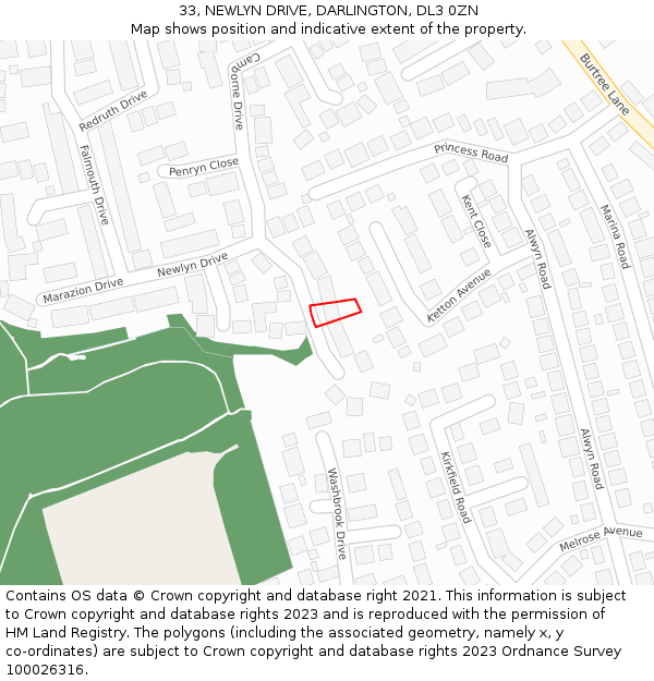 33, NEWLYN DRIVE, DARLINGTON, DL3 0ZN: Location map and indicative extent of plot