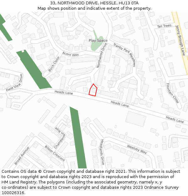 33, NORTHWOOD DRIVE, HESSLE, HU13 0TA: Location map and indicative extent of plot