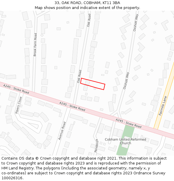 33, OAK ROAD, COBHAM, KT11 3BA: Location map and indicative extent of plot