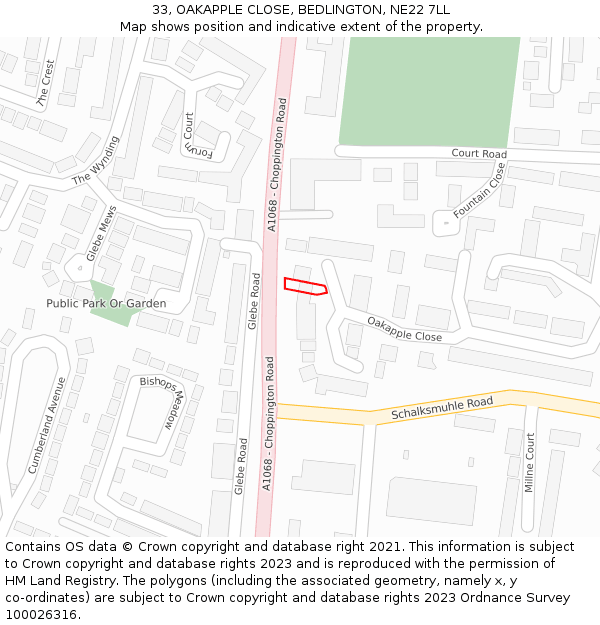 33, OAKAPPLE CLOSE, BEDLINGTON, NE22 7LL: Location map and indicative extent of plot