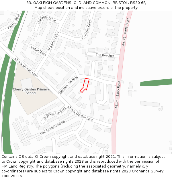33, OAKLEIGH GARDENS, OLDLAND COMMON, BRISTOL, BS30 6RJ: Location map and indicative extent of plot