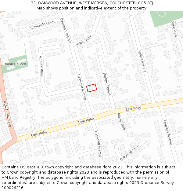 33, OAKWOOD AVENUE, WEST MERSEA, COLCHESTER, CO5 8EJ: Location map and indicative extent of plot