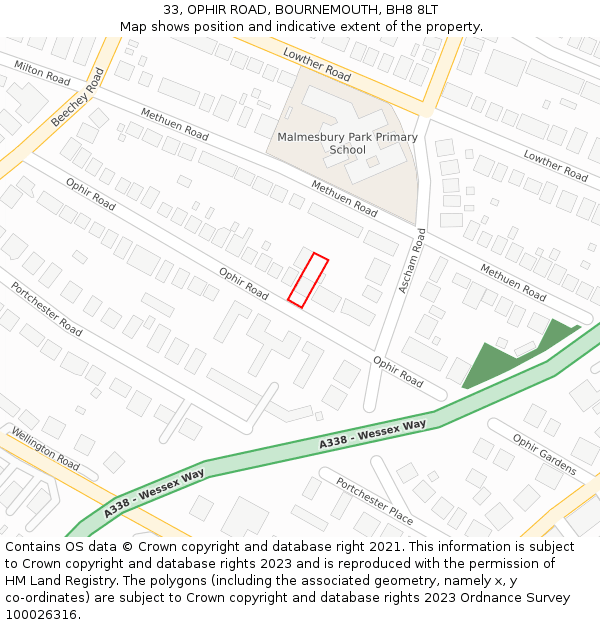 33, OPHIR ROAD, BOURNEMOUTH, BH8 8LT: Location map and indicative extent of plot