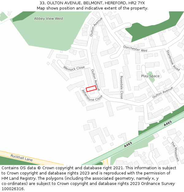 33, OULTON AVENUE, BELMONT, HEREFORD, HR2 7YX: Location map and indicative extent of plot
