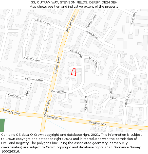 33, OUTRAM WAY, STENSON FIELDS, DERBY, DE24 3EH: Location map and indicative extent of plot