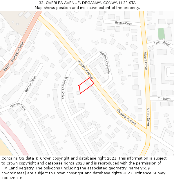 33, OVERLEA AVENUE, DEGANWY, CONWY, LL31 9TA: Location map and indicative extent of plot