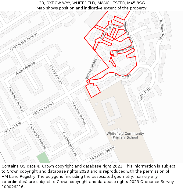 33, OXBOW WAY, WHITEFIELD, MANCHESTER, M45 8SG: Location map and indicative extent of plot