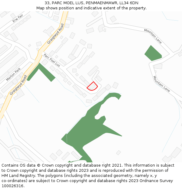 33, PARC MOEL LUS, PENMAENMAWR, LL34 6DN: Location map and indicative extent of plot