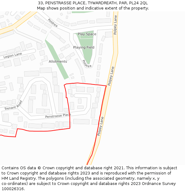 33, PENSTRASSE PLACE, TYWARDREATH, PAR, PL24 2QL: Location map and indicative extent of plot