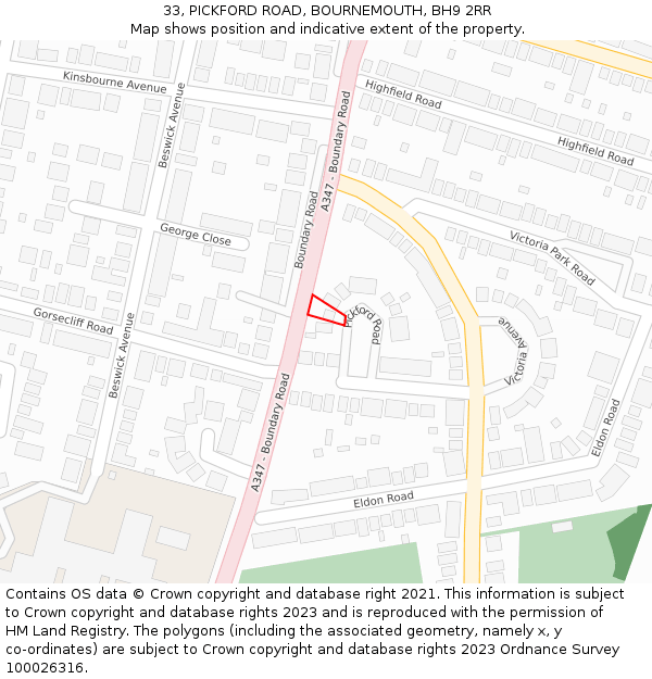 33, PICKFORD ROAD, BOURNEMOUTH, BH9 2RR: Location map and indicative extent of plot