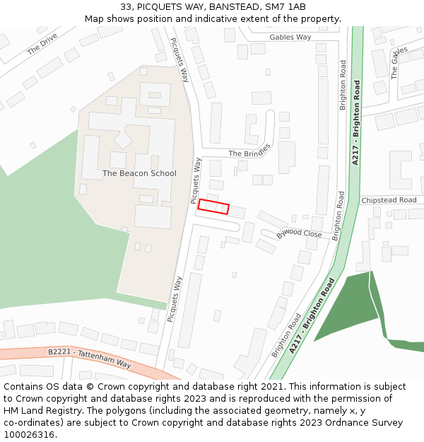 33, PICQUETS WAY, BANSTEAD, SM7 1AB: Location map and indicative extent of plot