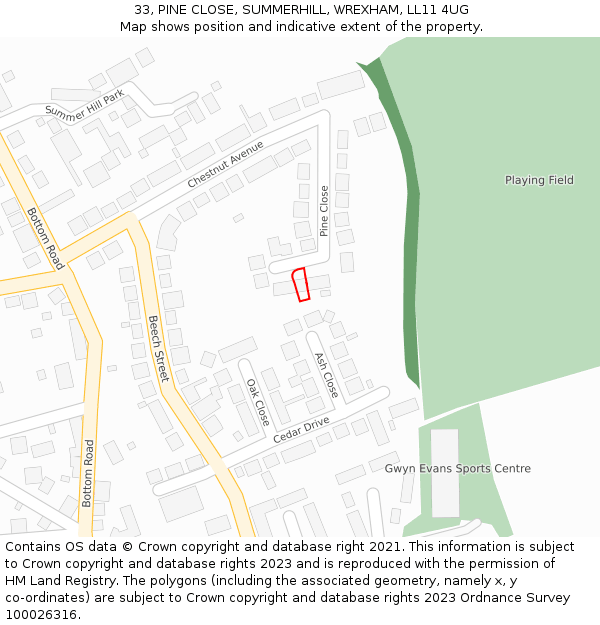 33, PINE CLOSE, SUMMERHILL, WREXHAM, LL11 4UG: Location map and indicative extent of plot