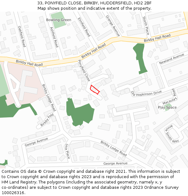 33, PONYFIELD CLOSE, BIRKBY, HUDDERSFIELD, HD2 2BF: Location map and indicative extent of plot