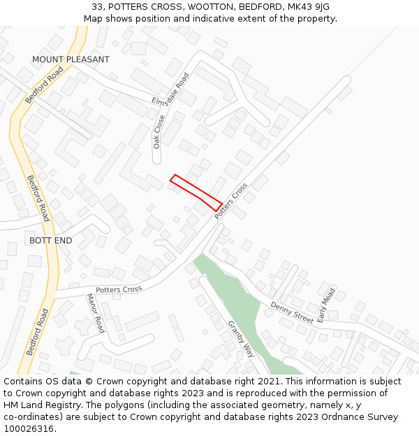 33, POTTERS CROSS, WOOTTON, BEDFORD, MK43 9JG: Location map and indicative extent of plot