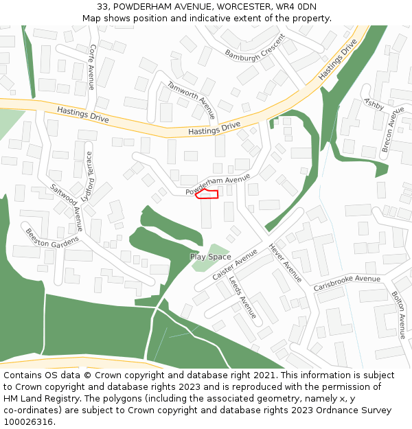 33, POWDERHAM AVENUE, WORCESTER, WR4 0DN: Location map and indicative extent of plot