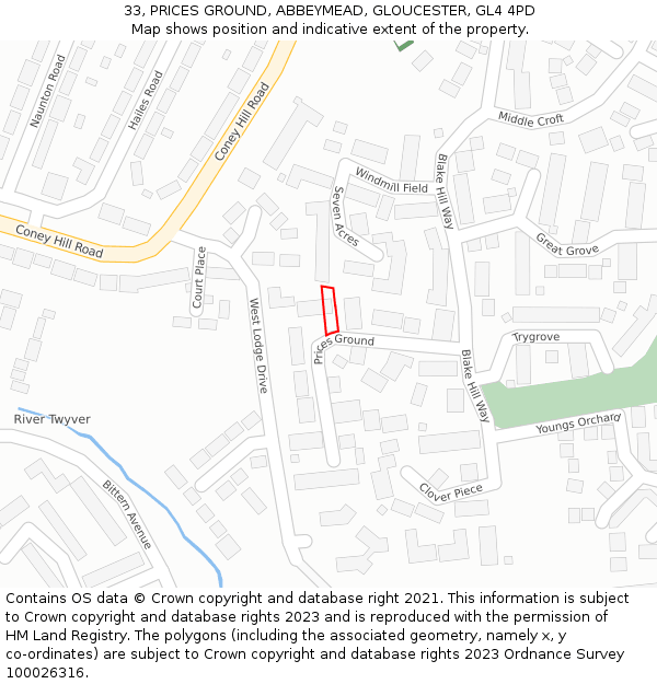 33, PRICES GROUND, ABBEYMEAD, GLOUCESTER, GL4 4PD: Location map and indicative extent of plot