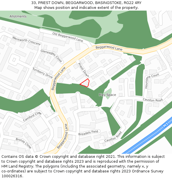 33, PRIEST DOWN, BEGGARWOOD, BASINGSTOKE, RG22 4RY: Location map and indicative extent of plot