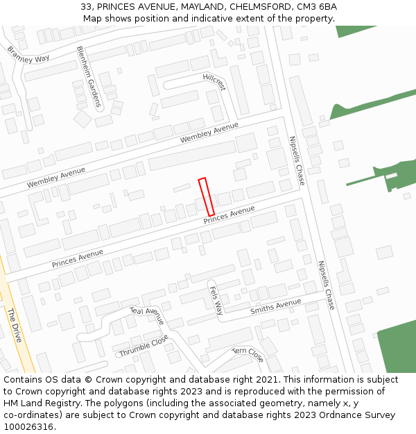 33, PRINCES AVENUE, MAYLAND, CHELMSFORD, CM3 6BA: Location map and indicative extent of plot