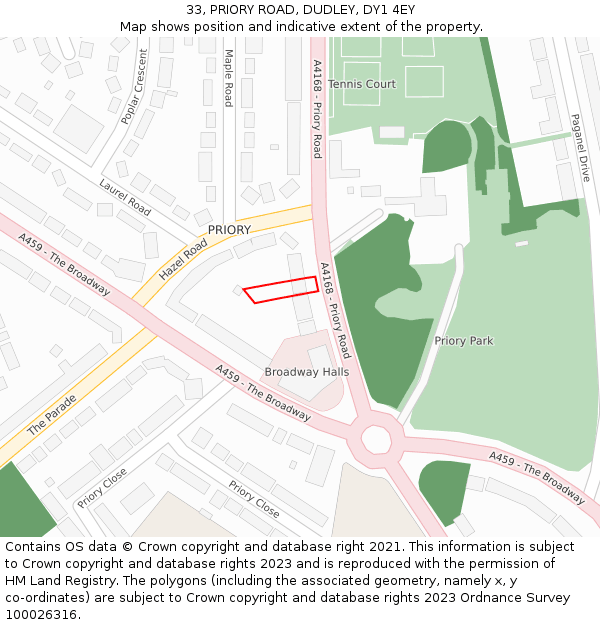 33, PRIORY ROAD, DUDLEY, DY1 4EY: Location map and indicative extent of plot