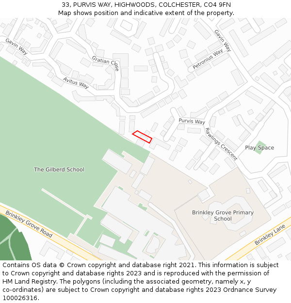 33, PURVIS WAY, HIGHWOODS, COLCHESTER, CO4 9FN: Location map and indicative extent of plot