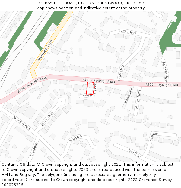 33, RAYLEIGH ROAD, HUTTON, BRENTWOOD, CM13 1AB: Location map and indicative extent of plot