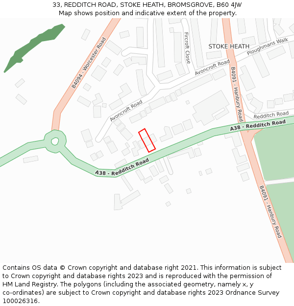 33, REDDITCH ROAD, STOKE HEATH, BROMSGROVE, B60 4JW: Location map and indicative extent of plot