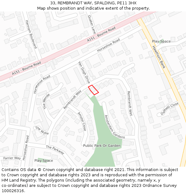 33, REMBRANDT WAY, SPALDING, PE11 3HX: Location map and indicative extent of plot