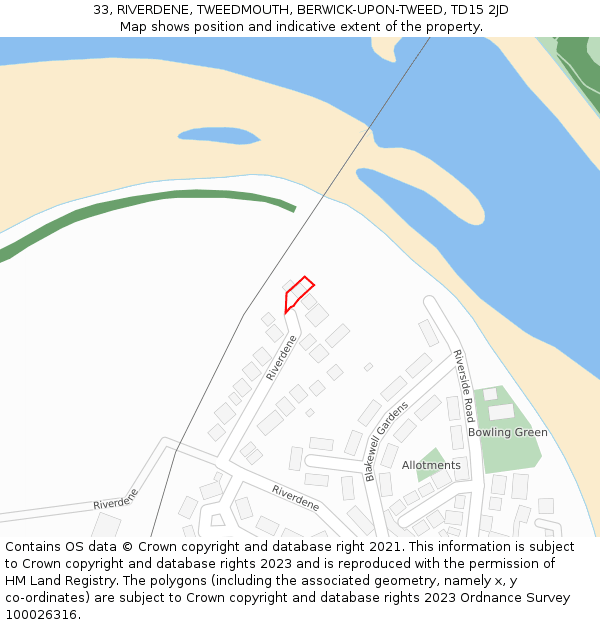 33, RIVERDENE, TWEEDMOUTH, BERWICK-UPON-TWEED, TD15 2JD: Location map and indicative extent of plot