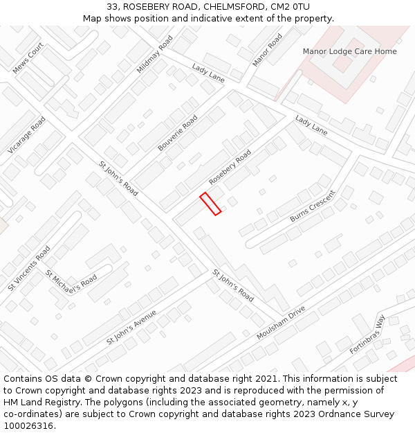 33, ROSEBERY ROAD, CHELMSFORD, CM2 0TU: Location map and indicative extent of plot