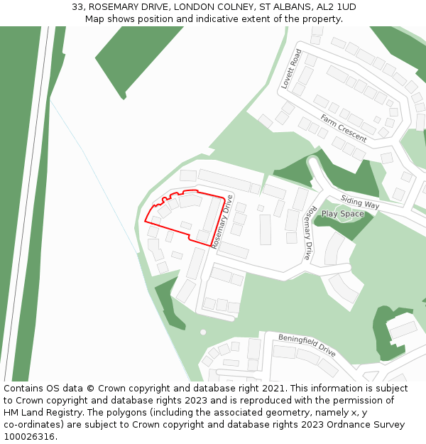 33, ROSEMARY DRIVE, LONDON COLNEY, ST ALBANS, AL2 1UD: Location map and indicative extent of plot