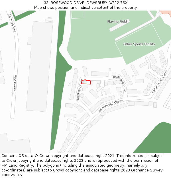 33, ROSEWOOD DRIVE, DEWSBURY, WF12 7SX: Location map and indicative extent of plot