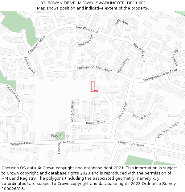 33, ROWAN DRIVE, MIDWAY, SWADLINCOTE, DE11 0FF: Location map and indicative extent of plot