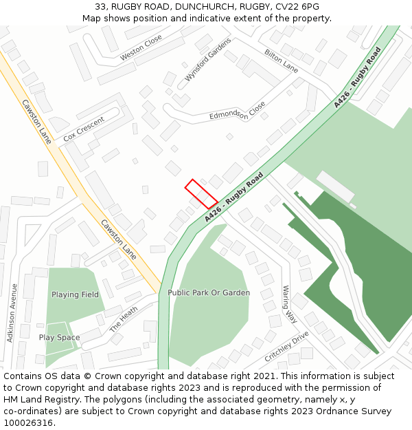 33, RUGBY ROAD, DUNCHURCH, RUGBY, CV22 6PG: Location map and indicative extent of plot