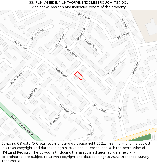 33, RUNNYMEDE, NUNTHORPE, MIDDLESBROUGH, TS7 0QL: Location map and indicative extent of plot