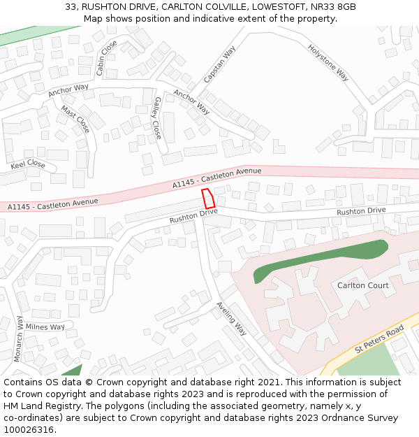 33, RUSHTON DRIVE, CARLTON COLVILLE, LOWESTOFT, NR33 8GB: Location map and indicative extent of plot