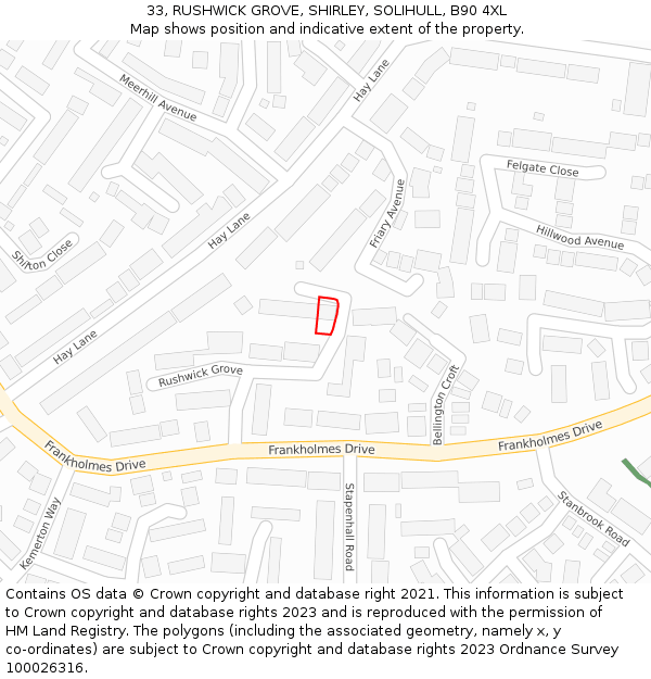 33, RUSHWICK GROVE, SHIRLEY, SOLIHULL, B90 4XL: Location map and indicative extent of plot