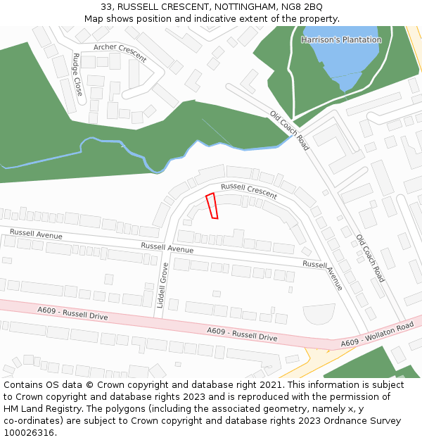 33, RUSSELL CRESCENT, NOTTINGHAM, NG8 2BQ: Location map and indicative extent of plot